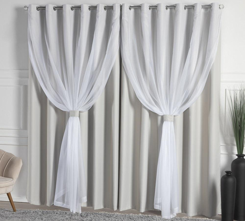 Cortina Blackout Com Voil 4,00x2,50 Off White Quarto Sala