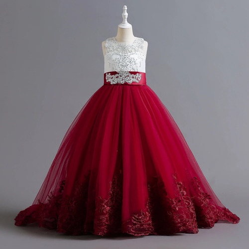 Vestido Largo De Encaje Rojo Para Niña Con Flores, Para Desf
