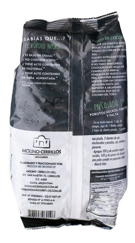 Imagen 2 de 5 de Porotos Negros Molino Cerrillos Frijoles 500g Sin Tacc