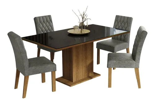 comprar Sala Jantar Mesa Tampo Vidro 4 Cadeiras Madesa Marilia Rps Cor Rustic\u002FPreto\u002FSilver MDJA0401357KSIL