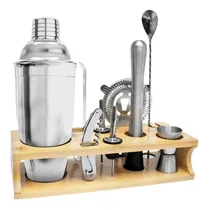 Comprar Set Kit Bartender Barman Coctelera Bambu Tragos Acero Inoxid