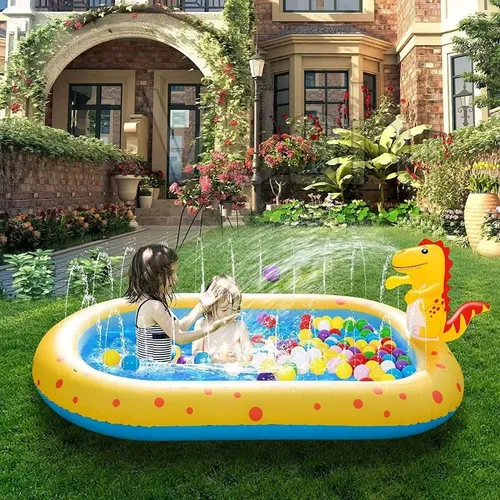 Piscina Inflable Para Bebé – Diseño De Dinosaurio Beige, Material Grueso No Tóxico, Plegable Para Interior Y Exterior