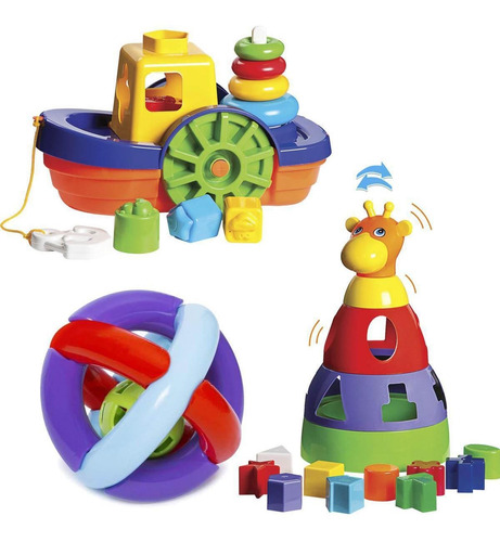 Kit De Brinquedos Para Bebês Barco + Girafa + Bola