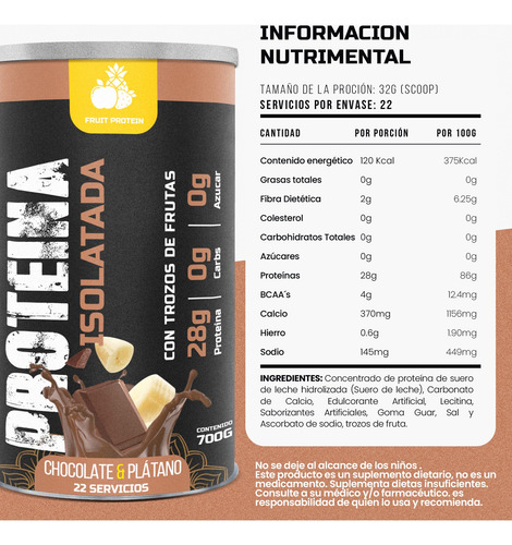 Fruit Protein Proteína Isolate 700g 22 Servicios En Polvo Chocolate Y Platano