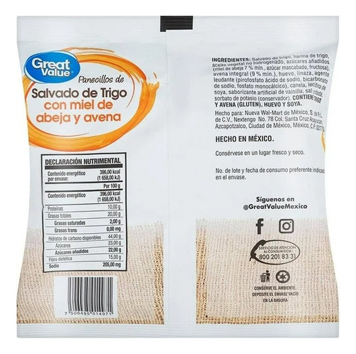 20 Pza Panecillos Great Value De Salvado De Trigo Con Miel D