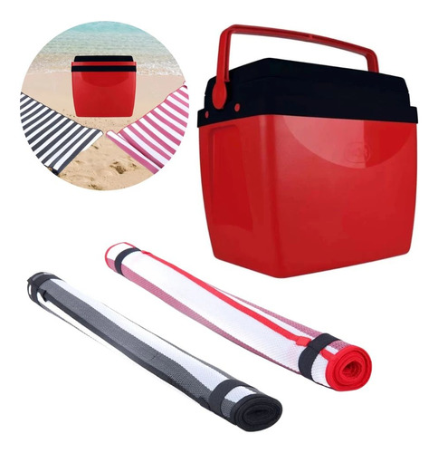 Kit Para Praia Vermelho E Preto Com Duas Esteiras + Cooler