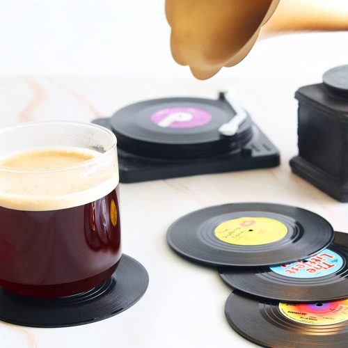 Divertidos Posavasos Retro De Vinilo Para Bebidas Con Soport