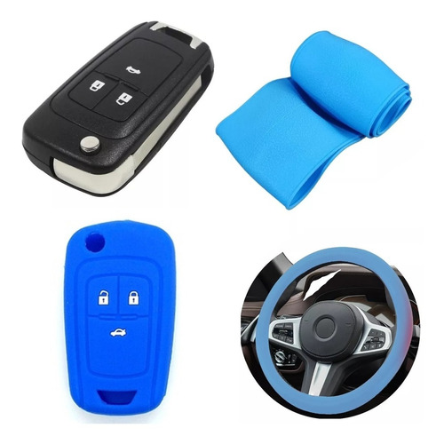 Cubre Volante + Funda Llave Silicona Chevrolet Onix Azul