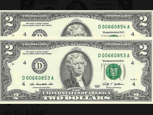 Imagen 1 de 2 de Billete Dos 2 Dólares Norteamericanos - Originales