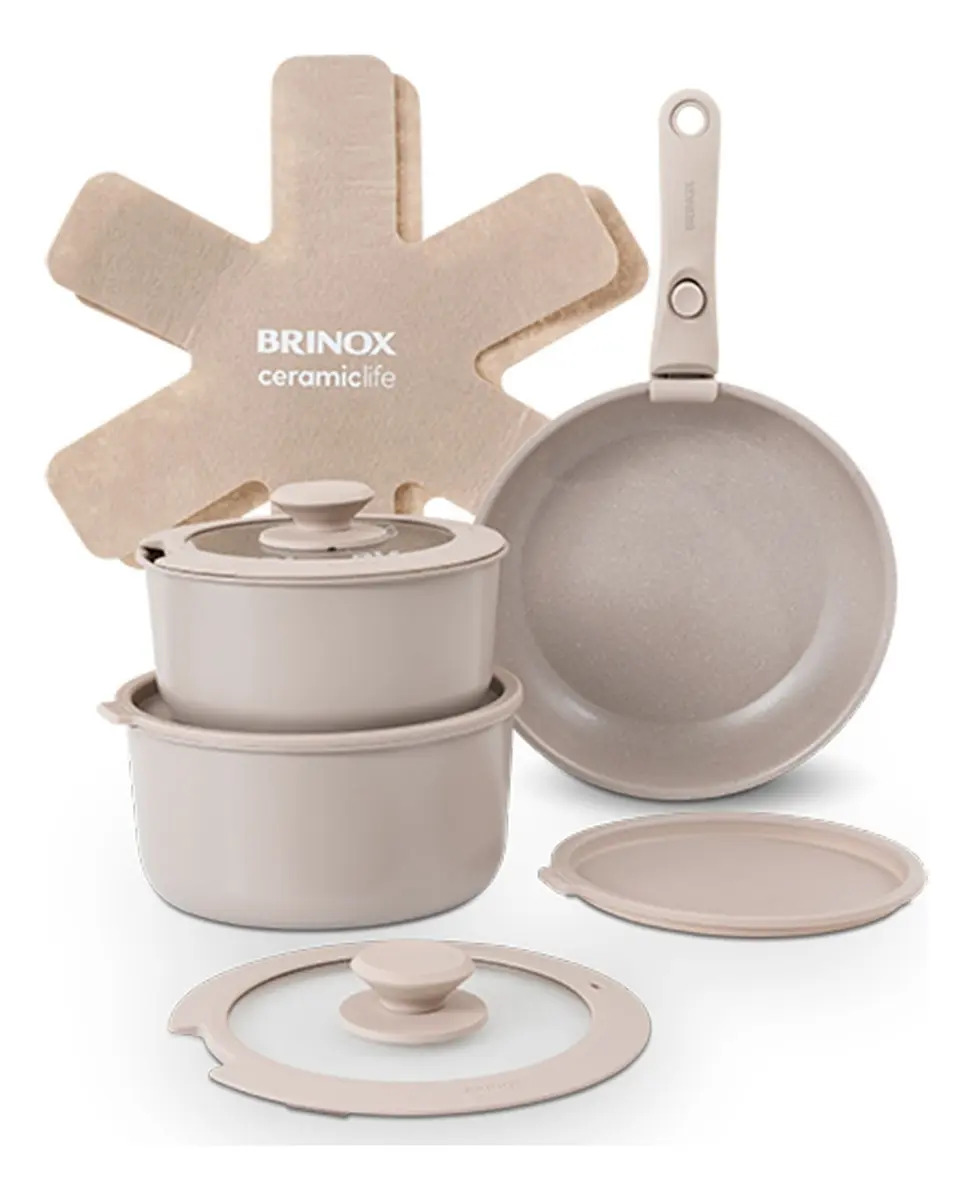 Jogo De Panelas Antiaderente Cerâmico 10 Peças Brinox Fit Cor  Areia