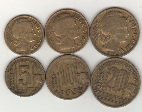 Argentina Toritos De 5, 10 Y 20 Centavos Año 1943