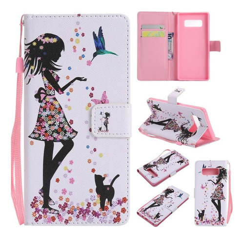 Funda Tipo Cartera Para Galaxy Note 8 [mujer Y Gato] 