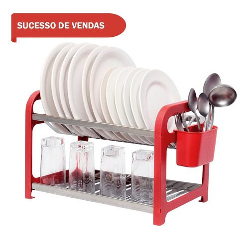 Escorredor 16 Pratos Inox Vermelho Com Porta Talheres