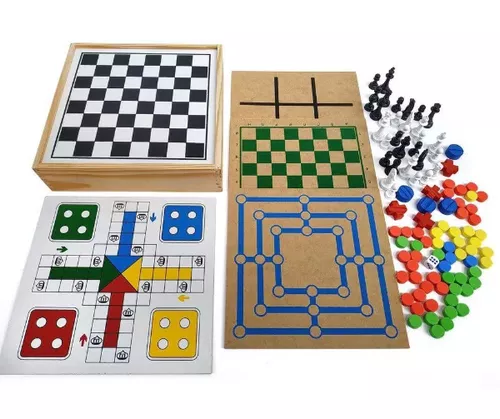 Brinquedo Educativo 5 em 1 Xadrez, Dama, Ludo, Trilha, Jogo da