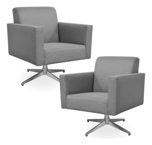 Kit 02 Poltronas Decorativas Base Giratória Para Sala de Estar Helô L02 Linho Cinza Escuro