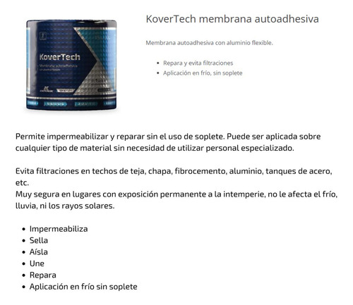 Membrana Autoadhesiva Kovertech Rollo 15cm X 10mts Aluminio