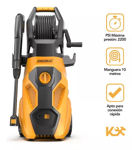  Hidrolavadora Electrica 2200 PSI 2000W Kingsman Color Amarillo Con Negro 120V/60 Hz Accesorios Manguera De 10 Metros Conexion Rapida Boquilla De Pulverizacion Ajustable Lavadora A Presion Tipo Karcher