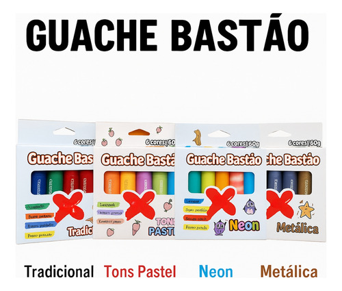 Kit Guache Bastão Lavável Neon Pastel Metálica