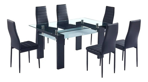 Comedor Vidrio Estocolmo 150x90 6 Sillas Negro Semipiel