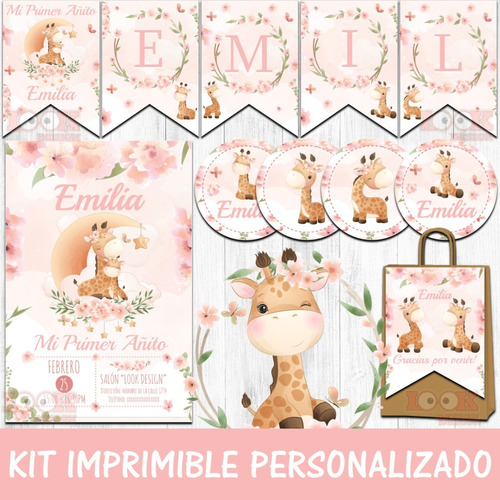 Kit Imprimible Candybar Jirafita Rosa Nena Personalizado