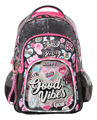 Mochila Espalda 18 Con Luz Good Vibes Lentejuelas Footy 2123