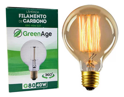 Lampada Filamento De Carbono G80 40w 110v E27 Retrô Decorativa Vintage Branco Quente - Green Age