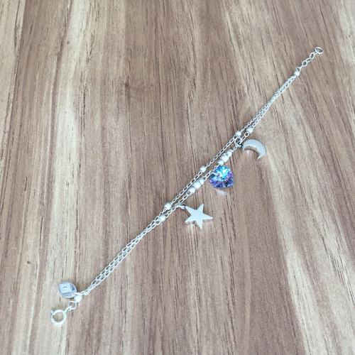 Imagen 4 de 10 de Pulsera De Plata 925 Con Dijes De Luna, Estrella Y Swarovski