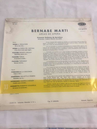 Disco Vinilo Lp Bernabe Marti Opus Vergara Arias De Opera (Usado)