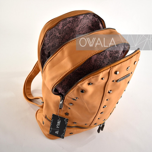 Imagen 4 de 6 de Mochila Simil Cuero Universitaria Mujer Tachas Divisiones