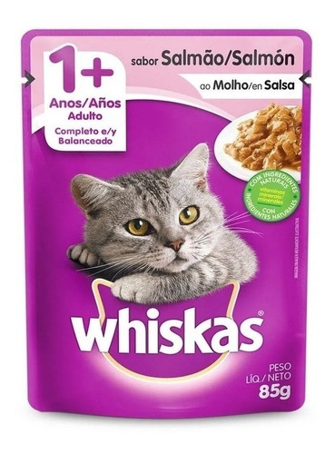 Alimento Whiskas 1+ Whiskas Gatos  para gato adulto todos los tamaños sabor salmón en salsa en sobre de 85g