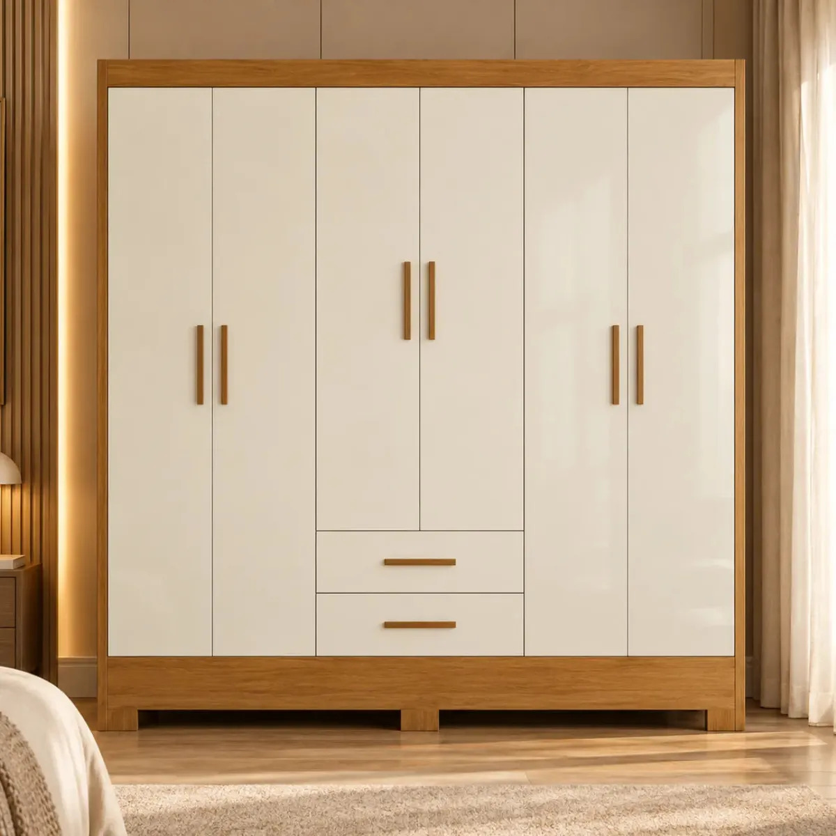 Guarda Roupas Com 6 Portas e 2 Gavetas Para Quarto Cinamomo e Off White