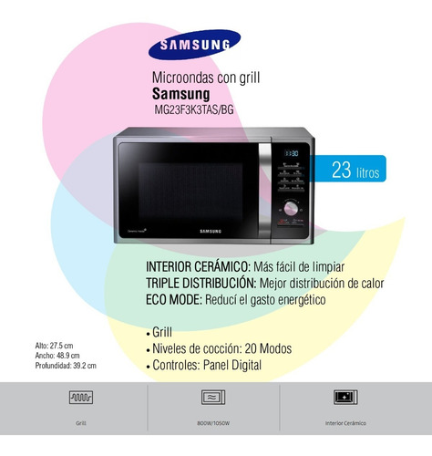 Imagen 2 de 7 de Microondas Con Grill Samsung Silver Mg23f3k3tas/bg