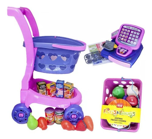 Mercado Infantil Completo Carrinho Cesta Caixa Comida 30pç