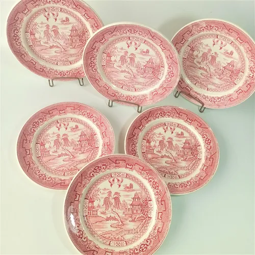 Hermoso Juego De Platos De Postre En Loza Willow Color Rosa. (Usado)