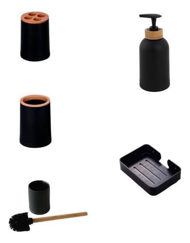 Kit Accesorios Set De Baño Color Negro,  Terminacion Bambu
