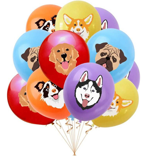 Juego 10 Globos Látex Animales Perro Husky Pastor Pug 