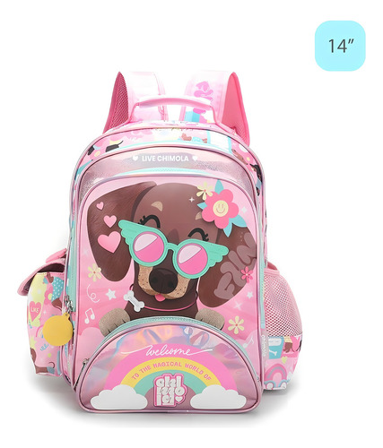 Mochila Escolar Infantil Chimola 14puLG 16lts Niñas Espalda Color Rosa Diseño de la tela Perrito