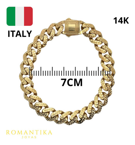 Pulsera Barbada Cubana 14k Kilates Alto Brillo 11mm 21cm Color Amarillo Diámetro 7 cm Largo 21 cm