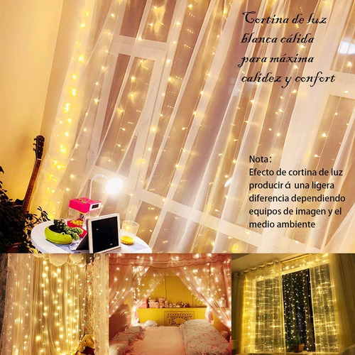 Cortina De Luces Led Usb 3x3m Decoración Blanco Cálido 8modo