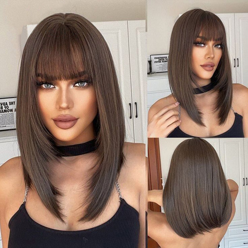 Peluca Sintética Brown Bob De Fibra Recta Para Mujer Queentas MZFP14002K Color Castaño Oscuro Tamaño De La Base M