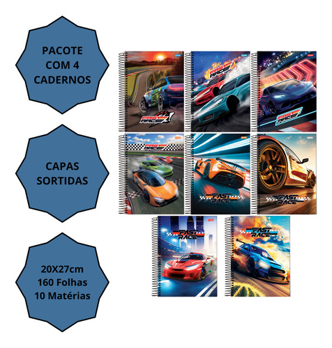 Caderno Univ. 10 Matérias 160f Fast Race - 4 Un. Sortidos Cor Colorido