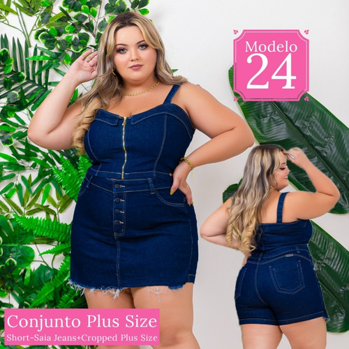 Conjunto Jeans Plus Size Short+blusa Look Grande Colecao 15