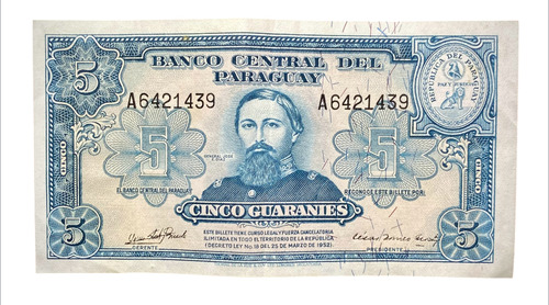 Billete 5 Guranies Paraguay 1952 Pick 186 C Rivarola (Usado)