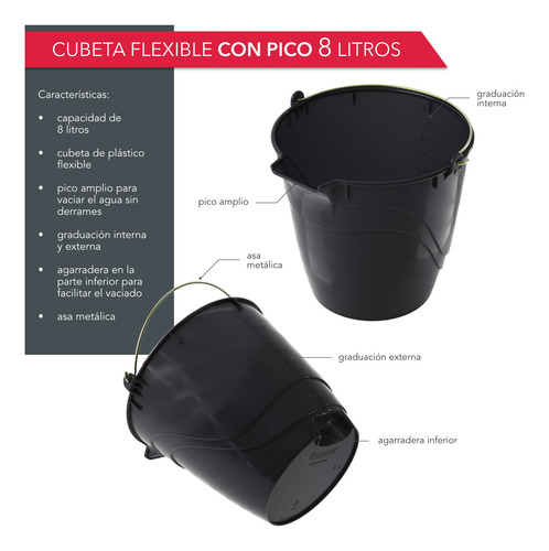 Cubetas De Plástico Flexible Con Pico | Pack 3 Cubetas 8 Lts Negro