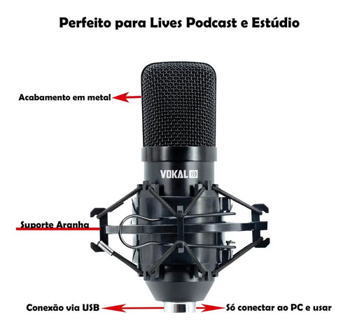 Microfone Condensador Vokal P/ Gravacao Sv80x Xlr Podcast