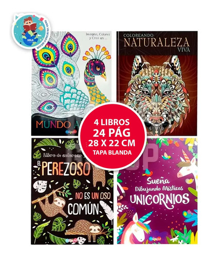Set De 4 Libros Para Colorear Animales: Unicornios, Perezoso
