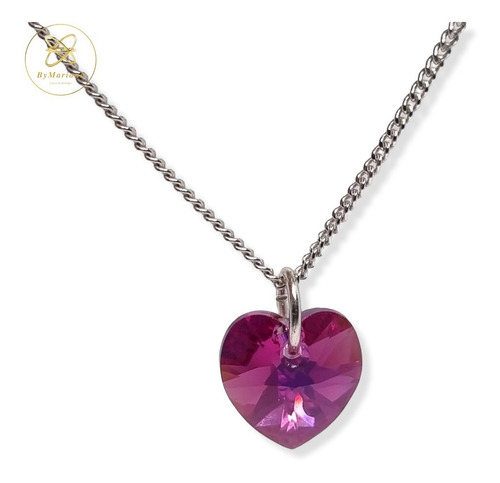 Cadena Plata + Dije Corazon Cristal Swa Fucsia 10mm