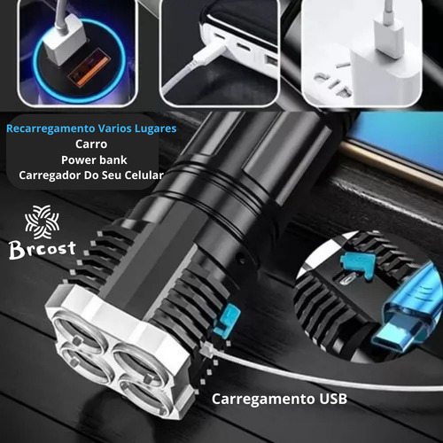 Lanterna 4 Núcleos Tática Recarregável Usb Potente Brcost Led Carro pesca luminária