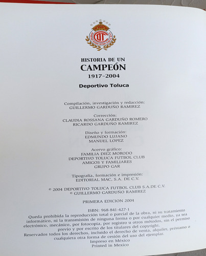 Historia De Un Campeón 1917-2004 Deportivo Toluca