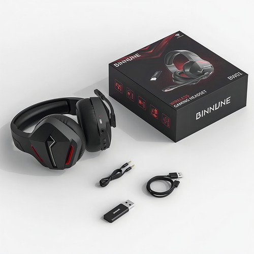 Fone de ouvido over-ear gamer sem fio Binnune Gamer BW01 preto e vermelho
